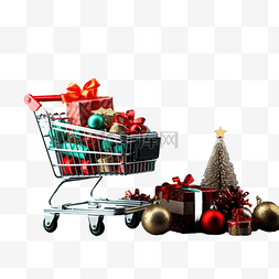 圣诞超市图片_杂货车和黑桌上的礼物圣诞折扣购