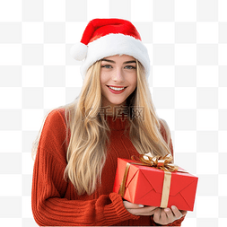 戴着帽子坐着的人图片_美丽的女孩戴着圣诞老人帽子，在
