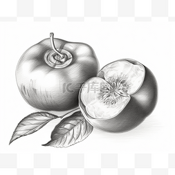 两个带叶子的苹果的黑白素描