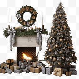 壁炉木柴图片_圣诞树上的礼物值得靠近壁炉，配