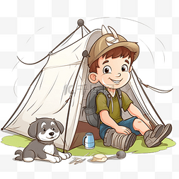 游客休息图片_小童子军和他的小狗在露营帐篷里