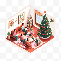 室内圣诞树图片_一个家庭在家里庆祝圣诞节的等距