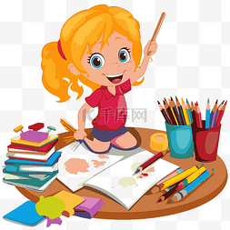 课堂作业剪贴画小女孩用铅笔和书
