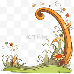 ins花器图片_曲线剪贴画橙色花框与草和花卡通