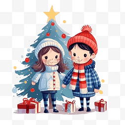 冬季卡通女孩图片_男孩和女孩在圣诞树附近装饰