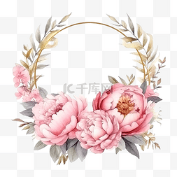 玫瑰花瓣花环图片_水彩粉色牡丹花花束花环，带金色
