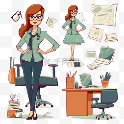 卡通家具系列图片_在办公室工作的女商人的管理剪贴
