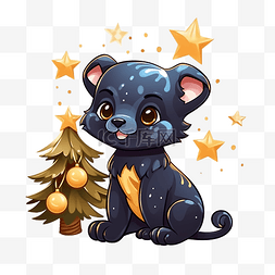 可爱的豹子从圣诞树上摘下星星