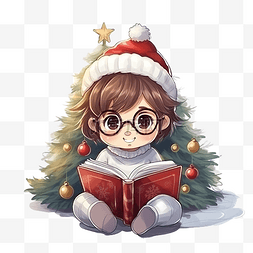 一个孩子在圣诞树旁读一本有趣的