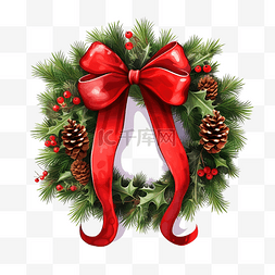 圣诞花环，带有红色蝴蝶结和丝带
