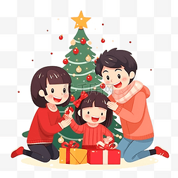 亚洲家庭图片_亚洲家庭装饰圣诞树，迎接圣诞快