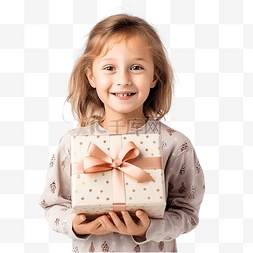 拿礼物的小孩图片_穿着节日圣诞睡衣拿着礼品盒的微