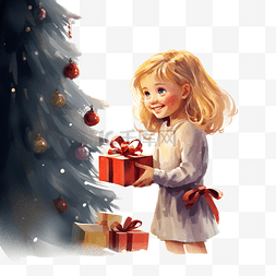 快乐的小女孩在圣诞树附近打开圣