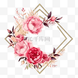 粉色水彩图片_粉红玫瑰牡丹花束花环带框带金色