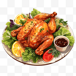 感恩节美食背景图片_烤火鸡放在盘子里，配上一片沙拉