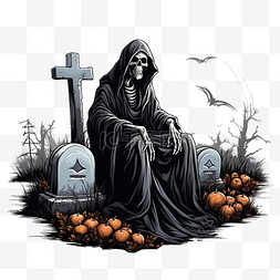 万圣节死亡与死神和南瓜在墓地里