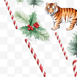 老虎涂鸦图片_水彩无缝圣诞图案与老虎冷杉树糖