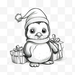 圣诞快乐插画图片_圣诞快乐可爱的企鹅绘画素描着色