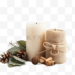 秋冬花环图片_燃烧的蜡烛和圣诞装饰