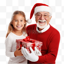 孩子们的拥抱图片_小女孩和她的祖父在家带圣诞礼物