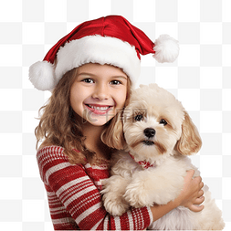 戴着圣诞帽的快乐孩子拥抱小狗