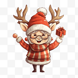 圣诞帽鹿角图片_奶奶戴着鹿圣诞帽，手里拿着圣诞