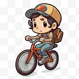 卡通男孩骑自行车背着背包和帽子