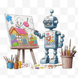 画布画笔图片_有趣的玩具机器人艺术家在其艺术
