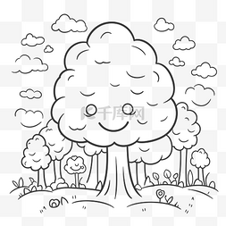 黑白线条卡通树图片_可爱的卡通树在森林和云着色页轮