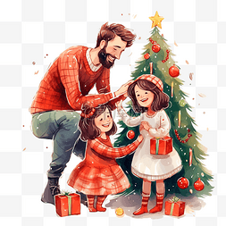 爸爸白头发图片_幸福的家庭一起装饰室内的圣诞树