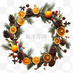 传统美味图片_平躺的圣诞花环，由橘子和松果制