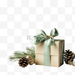 礼品盒，配有绿色丝带弓和树枝圣