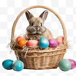 复活节兔子，篮子里有彩绘的鸡蛋