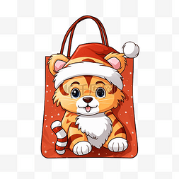 动物貼紙图片_可爱的老虎在捆绑袋中携带圣诞礼