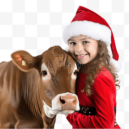 在白色圣诞农场与小牛犊合影的女