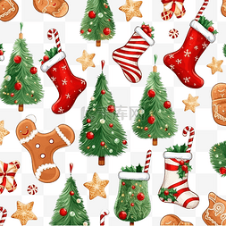 圣诞无缝图案新年装饰姜饼树雪橇
