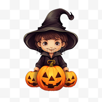 秋季万圣节派对女巫服装十月微笑男孩戴着女巫帽子与万圣节南瓜