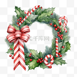圣诞边框水彩图片_圣诞冬青花环，配有长袜和拐杖糖