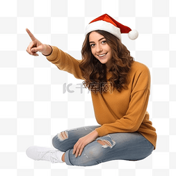 微笑的女孩坐著图片_圣诞节假期里的女孩坐在地板上用