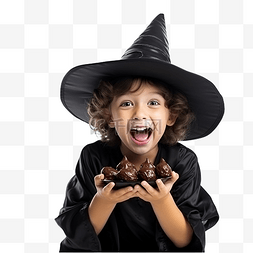 孩子吃得开心图片_有趣的小男孩戴着女巫帽参加万圣