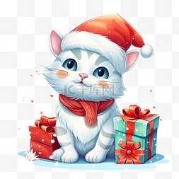 戴着圣诞老人帽子的滑稽卡通猫坐