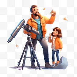 3d 渲染父女一起使用望远镜插图