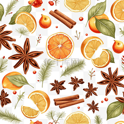 圣诞香料和柑橘类水果的无缝图案
