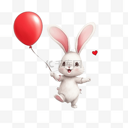 一只带着红色心形气球的小兔子在