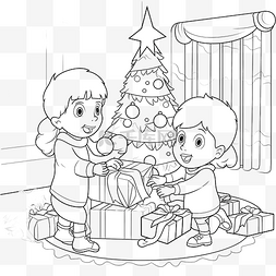 孩子和圣诞树图片_儿童着色书，可爱的孩子装饰圣诞