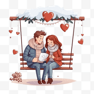 产品展示秋千装饰图片素材_露台上相爱的情侣坐在圣诞装饰旁的秋千上