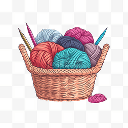 手工艺者图片_一篮子彩色纱线和织针的插图