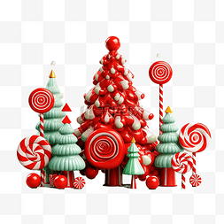 圣诞树森林里有红色糖果和棒棒糖