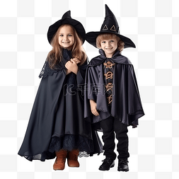 万圣节时两个可爱的孩子穿着女巫