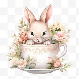 手绘玩具兔子图片_复古兔子花卉咖啡杯水彩画风格